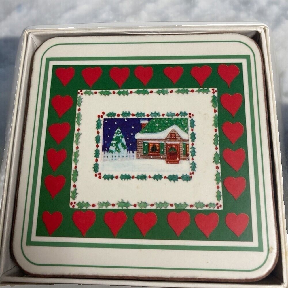 Cottagecore English Life Six Cork Back Christmas Coaster Set Snow House Holiday